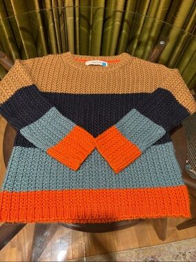 sparrow Colorblock Crewneck Sweater in Tan, Navy, Teal & Orange